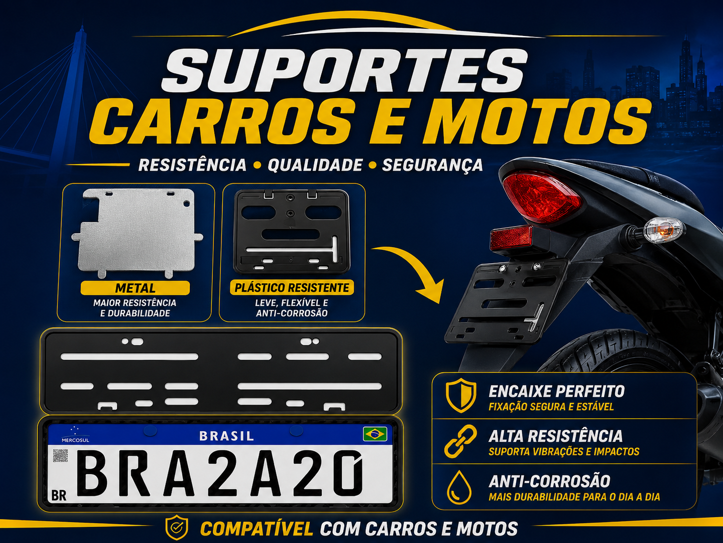 Suportes de placa em metal e plástico para carros e motos